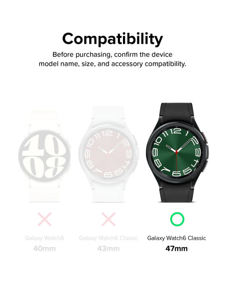 Skärmskydd i härdat glas för Galaxy Watch 6, sett från sidan med grön urtavla