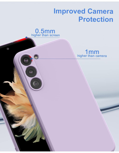 Lila gummiskal för Samsung S21 Plus, med fokus på kameraskyddets höjd och design
