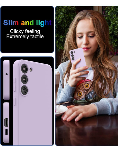 Lila gummibelagt matt skal för Samsung S23, monterat på telefon och hålls av en person