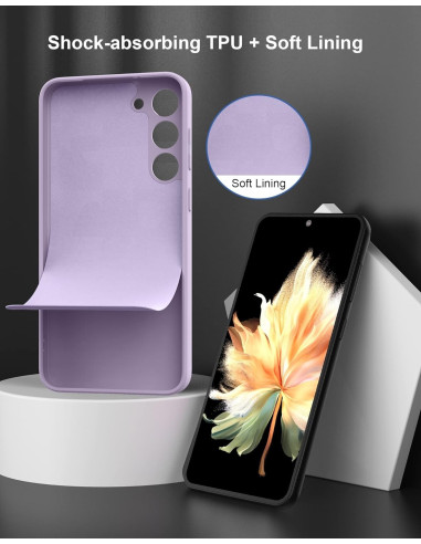Lila gummibelagt matt skal för Samsung S23, visat med mjukt foder och telefon i bakgrunden