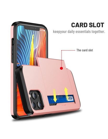Närbild av iPhone 12/12 Pro skal i roseguld med kortfack, visad med kort i facket