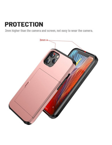 iPhone 12/12 Pro skal i roseguld med kortfack, visad från sidan med fokus på skyddet