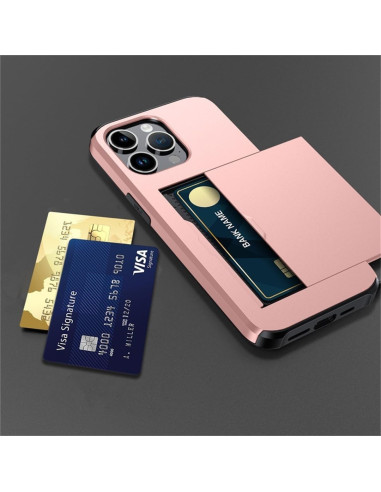 Detaljvy av roseguld skal för iPhone 15 Pro Max med kortfack och kort, sett bakifrån
