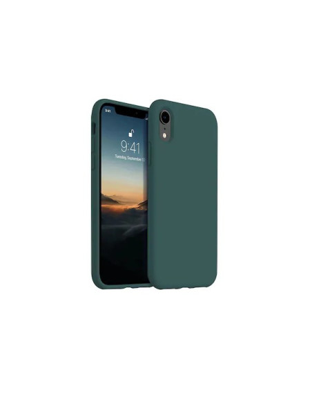 Grönt stöttåligt skal för iPhone XR, visat med telefon inskjuten framifrån