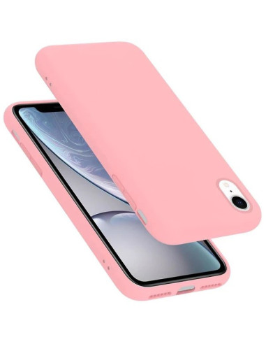 Rosa gummiskal för iPhone XR, visat från sidan med telefonen inskjuten