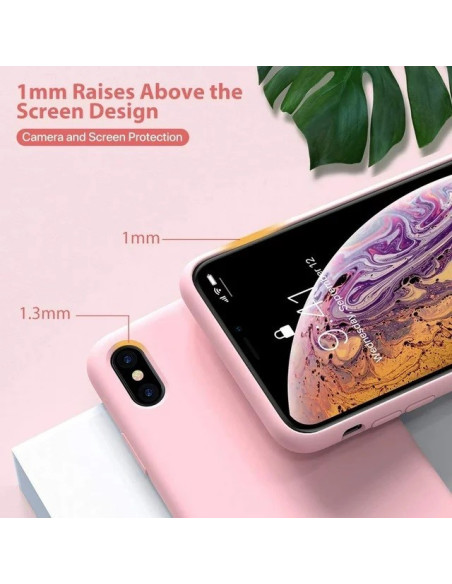 Detaljvy av rosa gummiskal för iPhone XR, med fokus på skydd för kamera och skärm