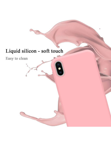 Rosa gummiskal för iPhone XR, visat från sidan med mjuk yta och vattenstänk i bakgrunden