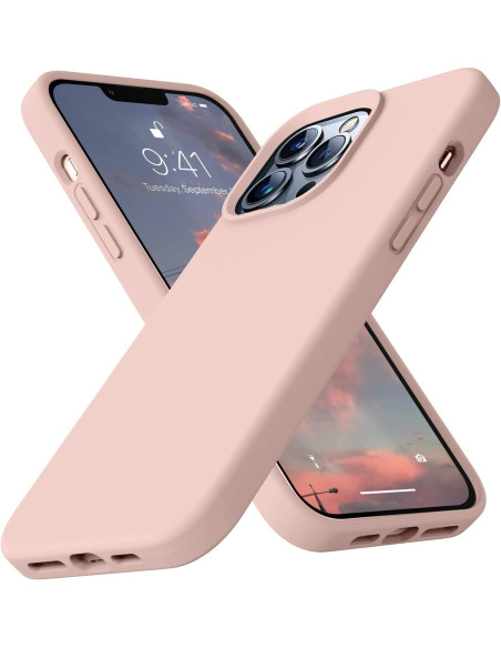 Rosa gummibelagt skal för iPhone 13 Pro Max, sett från sidan med telefon insatt