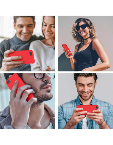 Röd gummibelagt skal för iPhone 7/8/SE2/SE3, hålls av en person som pratar i telefon