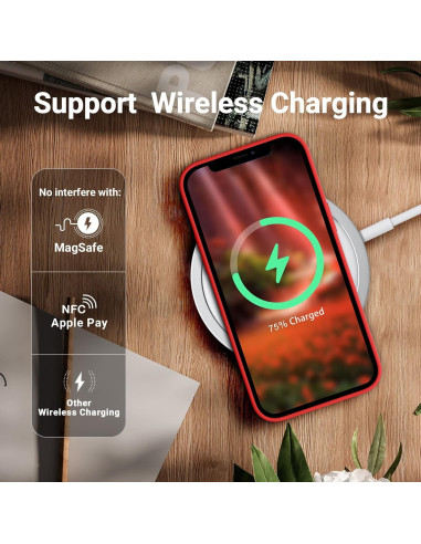 Röd gummibelagt stöttåligt skal för iPhone XR, visat med trådlös laddning i bakgrunden
