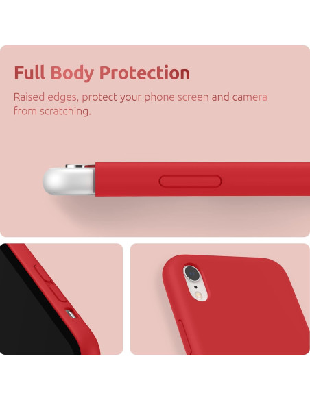 Röd gummibelagt stöttåligt skal för iPhone XR, visat från sidan med fokus på knappar och kanter