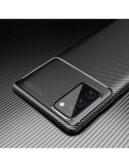 Närbild av Samsung Note 20 skal i fullcarbon med fokus på textur och kameraöppning