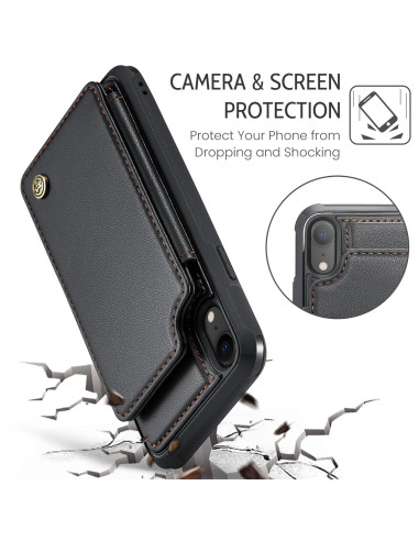 Närbild av CaseMe skal för iPhone XR med korthållare, fokus på kameraskydd och materialdetaljer