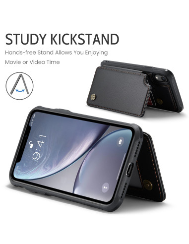 CaseMe skal för iPhone XR med stativfunktion, visad bakifrån med korthållare öppen