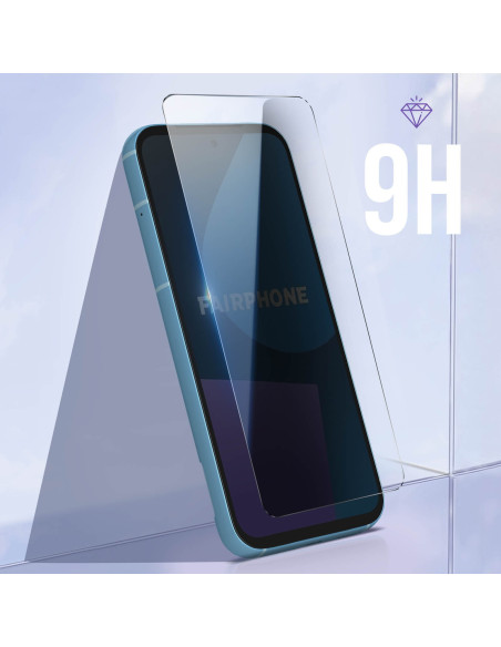 Härdat glas för Fairphone 5, visat i en lutande position för att framhäva skärmkvaliteten