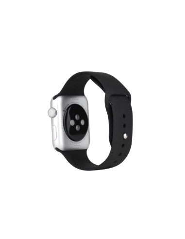 Mörkblått silikonarmband för Apple Watch, visat från sidan med fokus på spännet