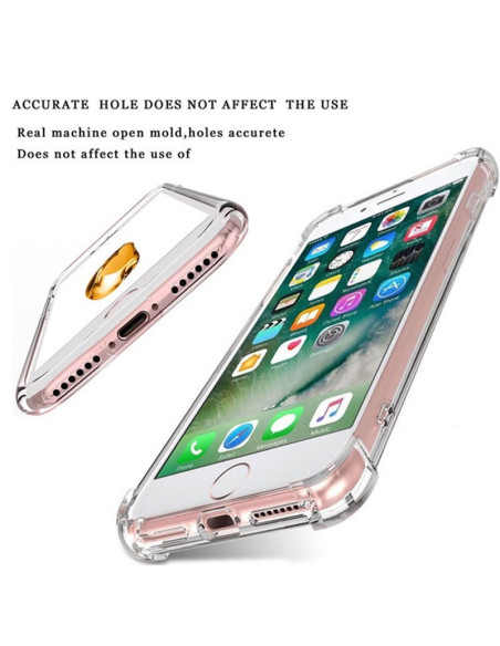 iPhone 8 stöttåligt skal i TPU, visat från sidan med fokus på öppningar för knappar och portar