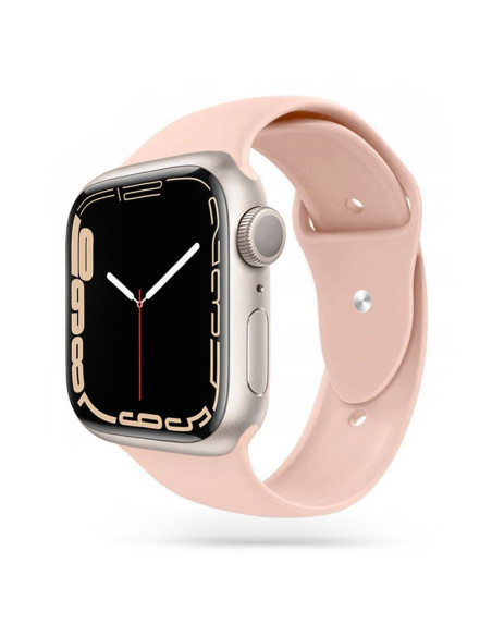 Rosa silikonarmband monterat på en Apple Watch, sett från sidan