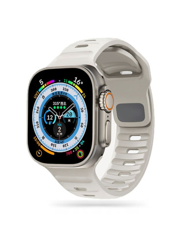 Ljusgrått Titan's Grip armband monterat på en Apple Watch med aktivitetsdisplay