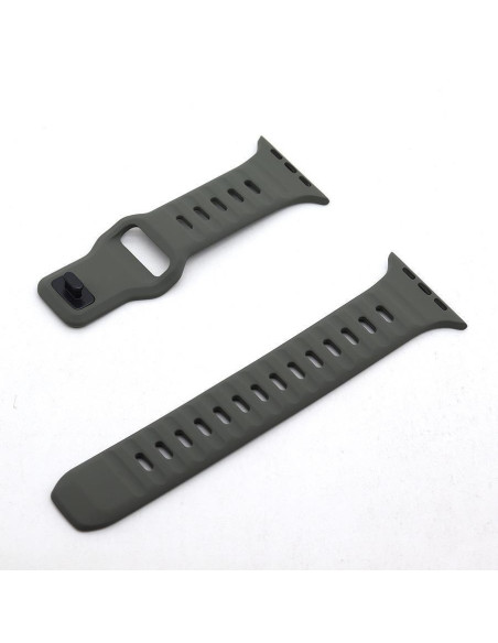 Mörkgrått Titan's Grip armband för Apple Watch, sett från ovan med detaljerad vy av spännet