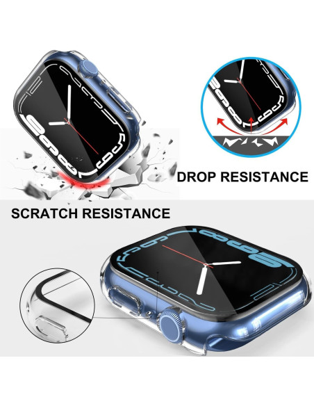 Närbild av det transparenta 2in1 skalet med 9H härdat glas, visat med Apple Watch 45mm och fokus på skyddsfunktioner