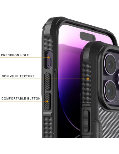 Närbild av stöttåligt skal med karbondesign, visande knappar och textur för iPhone 12 Pro Max