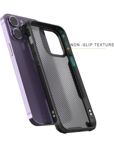 Transparent skal med karbondesign, monterat på iPhone 15 Pro Max, sett bakifrån