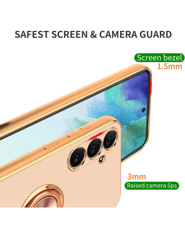 Närbild av roseguld skal för Samsung S24 som visar kamerautskärning och skärmskydd