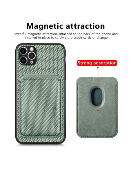 Grönt iPhone 11 Pro skal med magnetisk korthållare, visat framifrån med fokus på korthållarens detalj