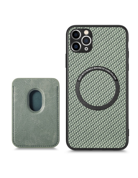 Grönt iPhone 11 Pro-skal med korthållare, visat från sidan för att framhäva texturen