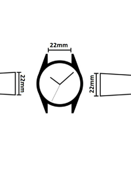 Illustration av 22mm armbandsfäste med måttangivelser, visande klockans monteringspunkter