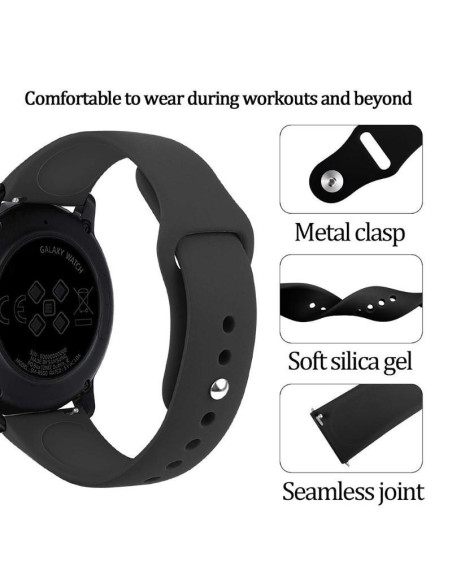 Sidan av svart silikonarmband med metallspänne, visad på klocka