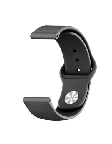 Svart silikonarmband för smartwatch med 20mm fäste, sett från sidan med fokus på spännet