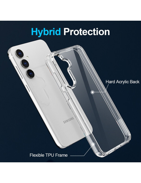 Transparent skal Simple V2 för Samsung S21/S21 Plus/S21FE/S22/S22 Plus, med hård baksida och flexibel ram, sett snett