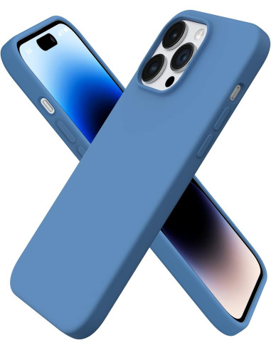 Blått gummiskal för iPhone 15 Pro med korsade vyer som visar knappar och kamerautskärning