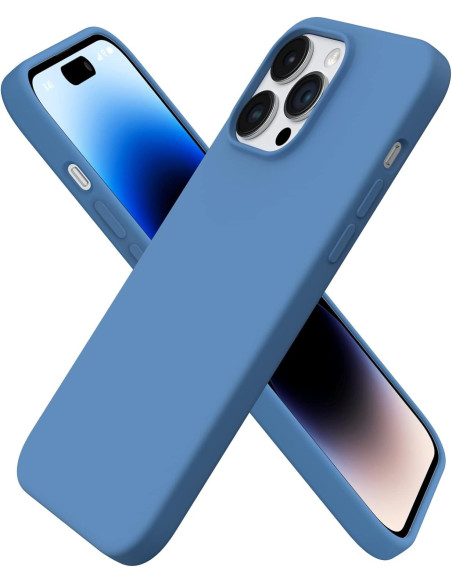 Blått gummiskal för iPhone 15 Pro med korsade vyer som visar knappar och kamerautskärning