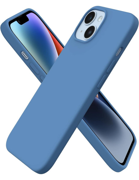 Blått gummibelagt skal för iPhone 14 Plus, sett från sidan med telefonen i skalet