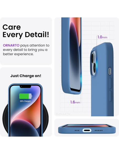 Närbild av blått gummibelagt skal för iPhone 14 Plus, visande sidovyn med knappar och uttag