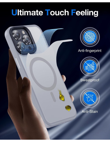 Närbild av grått skal för iPhone 15 Pro Max som visar MagSafe-funktionen och anti-fingeravtryck
