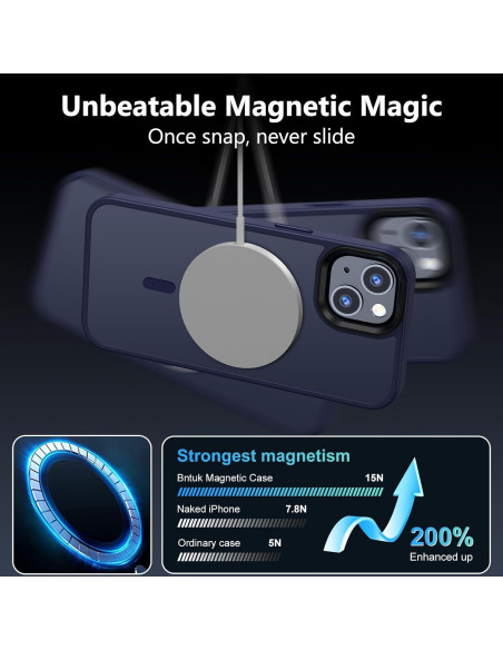 Blått iPhone 14 skal med MagSafe, visat bakifrån med magnetisk detalj