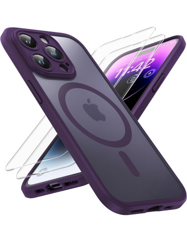 Lila iPhone 15 skal med MagSafe och härdat glas, visat från sidan med transparent skydd