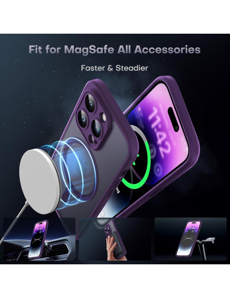Lila iPhone 15 skal med MagSafe-funktion, visat i detalj med laddning och tillbehör
