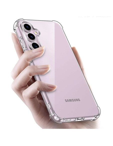 Samsung S24 Plus skal i transparent TPU, hålls i hand med fokus på framsidan och knappar