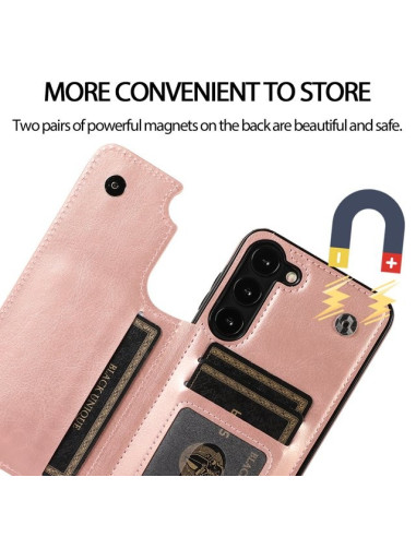 Detaljvy av roséguldskal för Samsung S24 Plus med korthållare, med fokus på magnetisk stängning och kort insatta