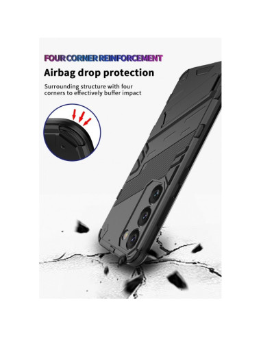 Svart stöttåligt skal för Samsung S24 Plus, med fokus på hörnförstärkningar och stötabsorberande design