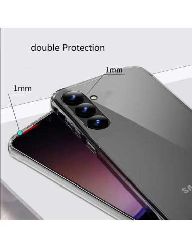 Detaljvy av Samsung S24 med genomskinligt skal som visar kamerautskärning och skyddande kanter