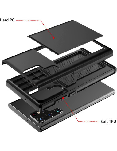 Svart stöttåligt skal för Samsung S24 Ultra, visat i lager med detaljerad uppdelning av material