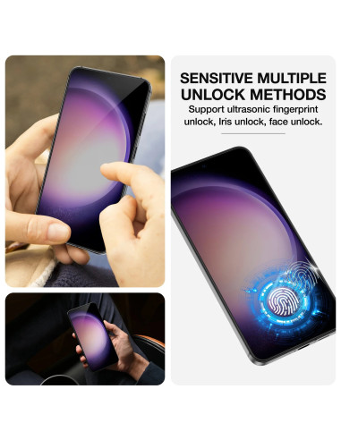Samsung S23 Plus med härdat glas, visad framifrån med fokus på skärmens klarhet