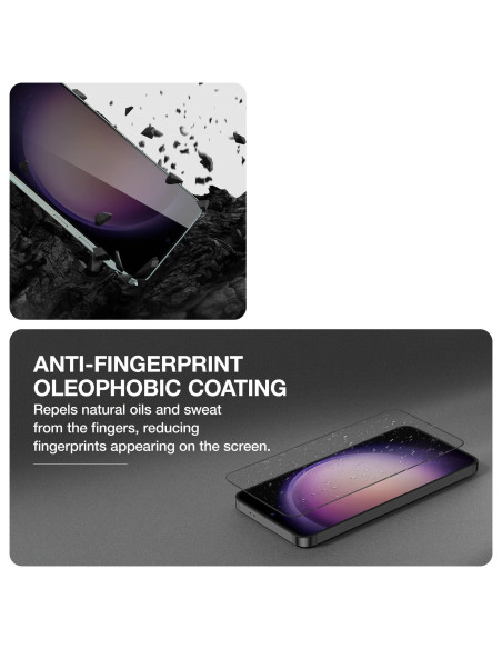Härdat glas för Samsung S23 Plus, visat med fokus på anti-fingeravtryck och stötmotstånd