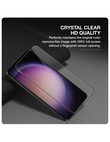 Transparent härdat glas för Samsung S24, visat ovanifrån med tydlig HD-kvalitet och fullskärmseffekt